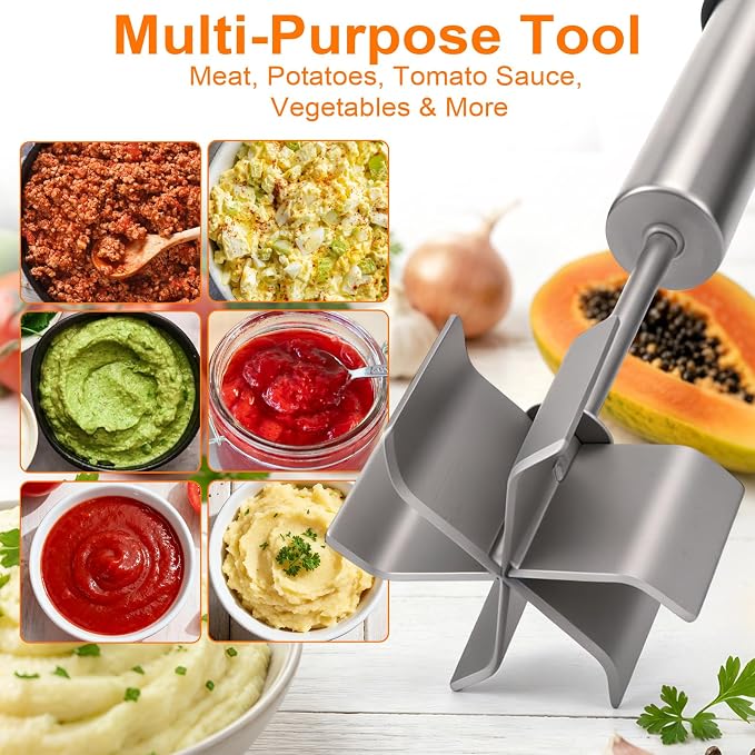 Palksky Stainless Steel Meat Chopper with 6 Wide Blades, Heavy Duty Ground Beef Masher & Meat Smasher Tool, Heat Resistant Silicone Handle Hamburger Smasher for Cast Iron & Metal Pans