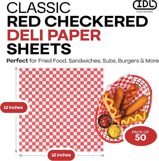 Red Checkered Deli Paper Sheets, 12" x 12" (50 pcs.) - USA-Made Premium Food Basket Liners - PFAS-free Grease Resistant Deli Paper Sheets for Food, Snack & Baking Wrap, Picnic & Party by IDL Packaging