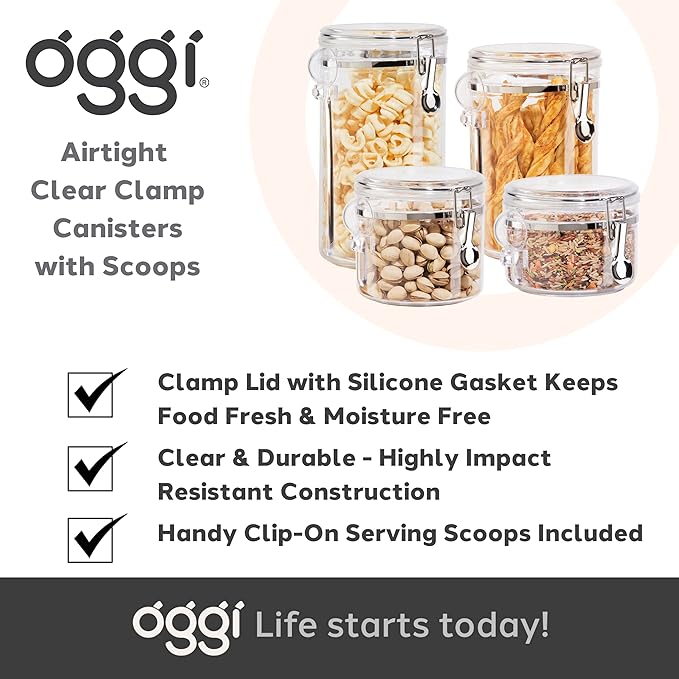 Oggi Clear Canister Airtight 72oz - Clamp Lid & Spoon - Airtight Food Storage Container, for Kitchen & Pantry Storage of Bulk, Dry Foods, Pasta, Flour, Sugar, Coffee, Rice, Tea, Spices & Herbs