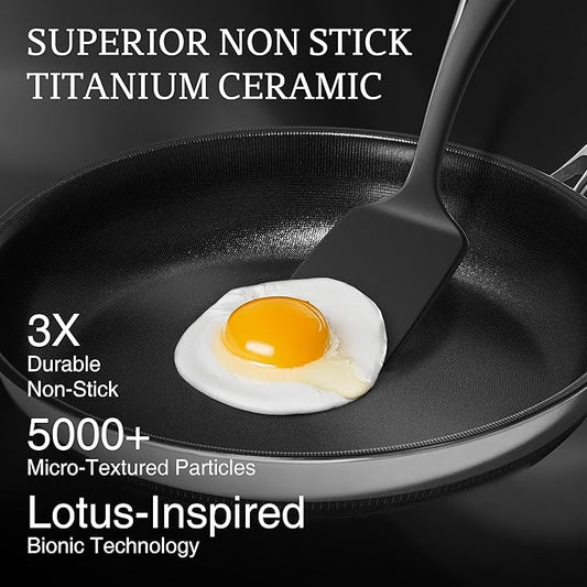 KITEXPERT Non Stick Frying Pans with Lid, 12" Titanium Ceramic Pan Nonstick Stainless Steel Skillet, PFAS PFOA & PTFE Free, Quick-Cool Handle, Dishwasher & Oven Safe, Compatible with All Cooktops