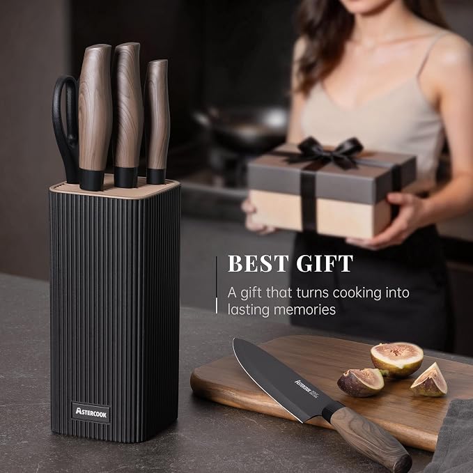 Astercook Knife Set, 6-Piece Kitchen Knife Set with Block, High Carbon Stainless Steel Ultra Sharp Kitchen Knives, Wood Grain Handle, Dishwasher Safe Knife Block Set, Black, Kitchen Utility Knives