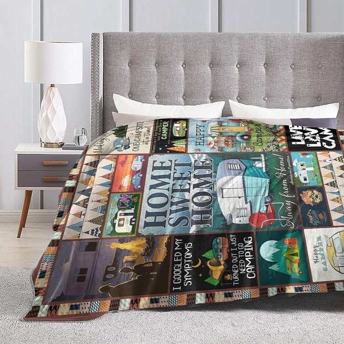 Camping Blanket Soft Warm Plush Throw Blanket Happy Camper RV Gifts for Camper Lover Cozy Lightweight Flannel Fleece Stuff Decor Blanket for Girls Boys Kids Adults Women Bed Travel 50"x60"