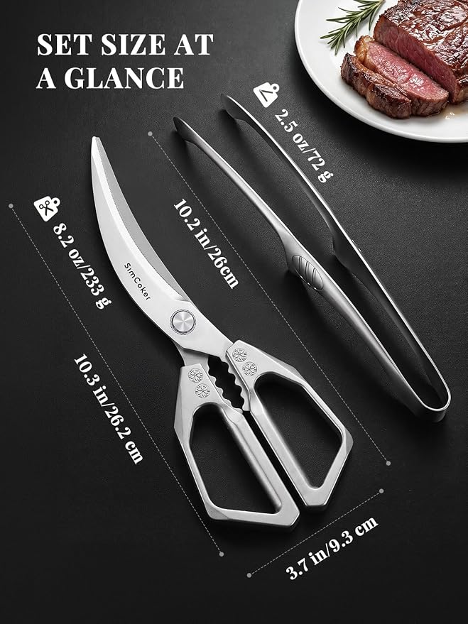Korean BBQ Scissors Set with Tongs for Table-Side Meat Cutting & Sharing | Curved stainless steel scissors with a serrated inner edge and matching tongs for cooked meat; dishwasher safe