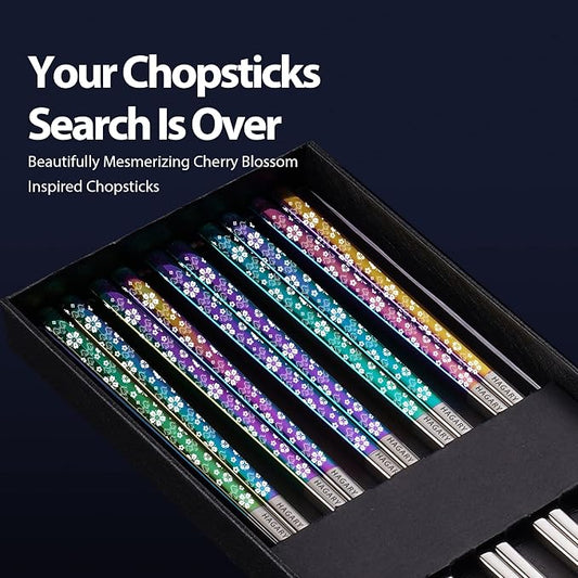 Hagary Cherry Blossom Rainbow Chopsticks Metal Chopsticks Reusable Designed In Korea Japanese Style Stainless Steel 316 18/10 Non-Slip Dishwasher Safe (5 Pairs)