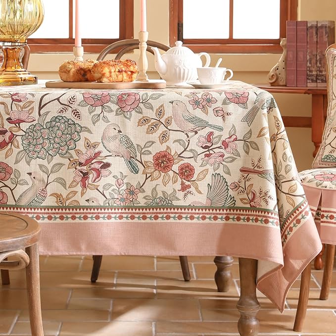 patdrea Designer Pink Linen Table Cloth for Rectangle Table,Vintage Floral with Birds Pattern Decorative Tablcloth,French Table Cover for Kitchen Dining,Thanksgiving,Christmas,55"x79"-Kulom a