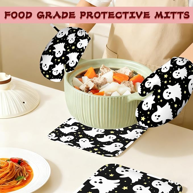 Halloween Ghosts Heat-Resistant Silicone Oven Mitts and Pot Holders,Long Oven Gloves with Non-Slip Grip for Cooking, Baking, Grilling,BBQ