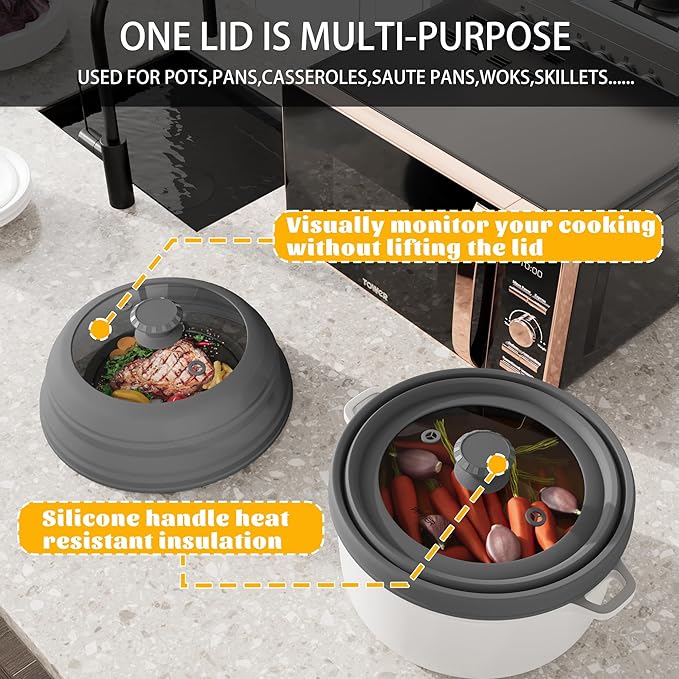 Collapsible Microwave Splatter Cover - Vented Silicone & Glass Lid with Easy-Grip Handle, Fits 6 to 11 Inch Plates & Bowls, 11.8 Inch Diameter, Prevents Splatters & Ensures Even Heating
