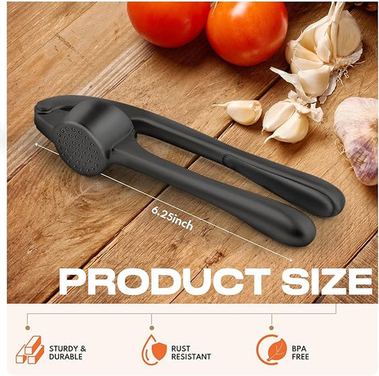 Kitchen Garlic Press, Rust Proof & Dishwasher Safe Garlic Mincer, Durable Garlic Crusher Set with Peeler&Brush, Easy to Clean and Squeeze, Black