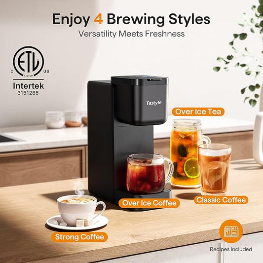 Single Serve Coffee Maker for K Cup, Ground and Tea Leaves, Hot and Iced Coffee Machines with Bold Setting, 6 to 16 Oz Brew Sizes, Compact for Small Spaces, Black (2.0 Version)