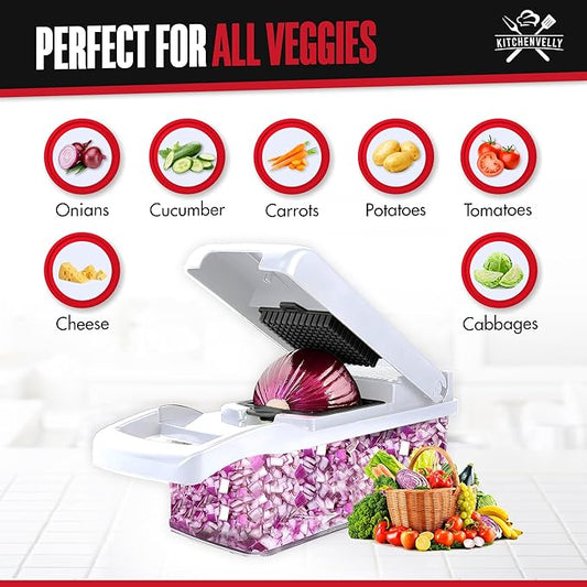 26-in-1 Vegetable Chopper with 8 Blades, Veggie Slicer & Dicer, Food Chopper with Container & Lid, Onion Chopper, Salad Chopper, Multi-Purpose Kitchen Tool for Easy Meal Prep (Black & White)