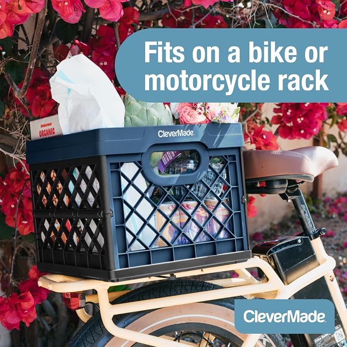 CleverMade Collapsible Milk Crates, 25L, 3 Pack, Holds 50 lb, Stone | Organize Files, Groceries, and Gear in One Crate | Built-In Rails Hold Letter Folders, While the Frame Stacks Securely