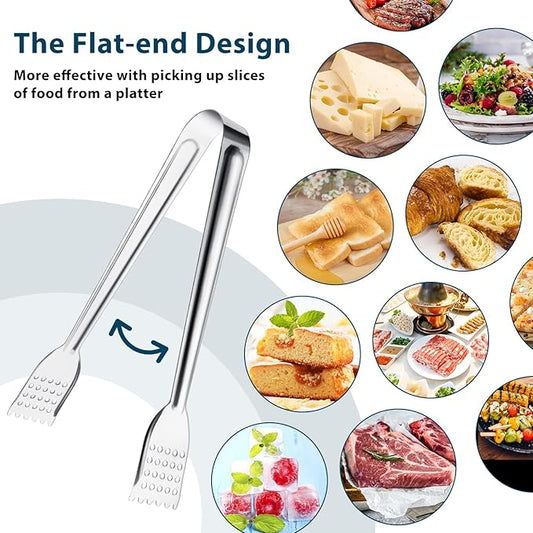 8 Pack Serving Tongs, 9 Inch, Silver, Stainless Steel, Ideal for Parties & Daily Use