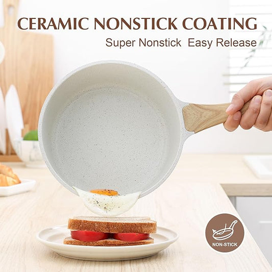 SENSARTE White Ceramic Nonstick Saucepan with Lid Set, Small Cooking Pot with Stay Cool Handle, Induction Compatible Saucepot, White Granite Coating, PFOA/PFAS Free, 2.0 + 2.5QT