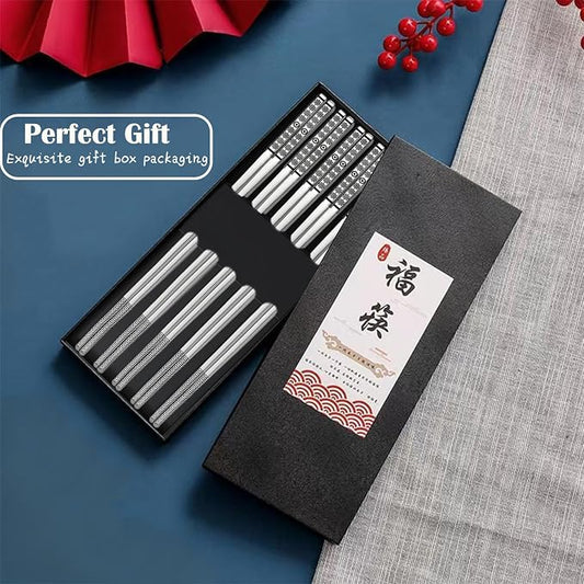 Metal Chopsticks Reusable,Stainless Steel,Dishwasher Safe,5 Pairs,Silvery | Gift Box Set,Square,Lightweight, Non-Slip,Laser Engraved Patterns No fade