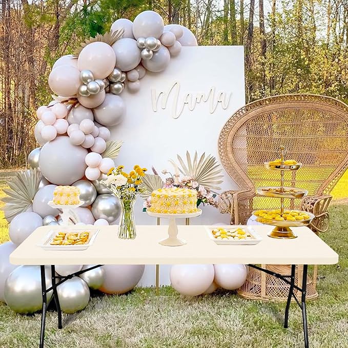 6 Pack Stretch Fabric Table Top Cap Cover, fits 8' Tables, Spandex Table Covers Washable Elastic Rectangle Tablecloth Protector for Indoor Outdoor Party Picnic Wedding, Ivory, 30" W x 96" L