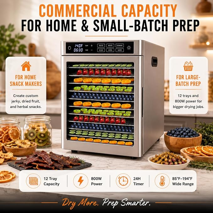 12-Tray Commercial Food Dehydrator | stainless steel jerky maker fruit dryer herbal drying machine large capacity food preserver digital dehydrator
