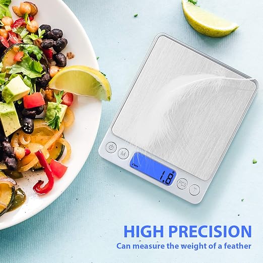 Digital Food Kitchen Scale, 3000g/0.1g High Accuracy Mini Pocket Scale Measures in Grams and oz for Cooking, Baking, Jewelry, Tare Function,2 Trays, LCD Display (Batteries Included)