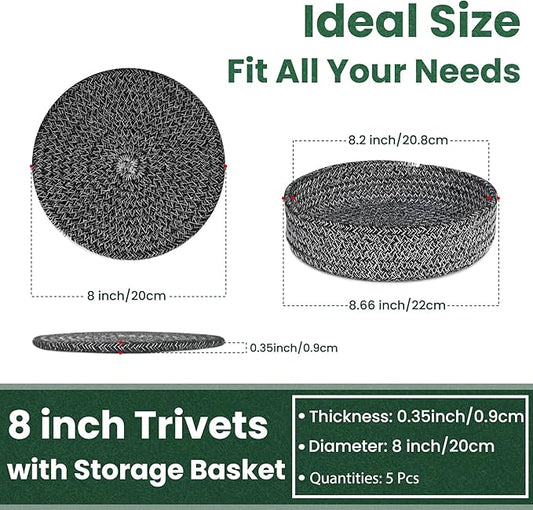 8 Inch Trivets for Hot Dishes, Hot Pots and Pans, Thick Heat Resistant Large Coaster for Kitchen, Hot Pads, Kitchen Essentials, Kitchen Decor for Table & Countertop with Storage Basket, 5 Pcs