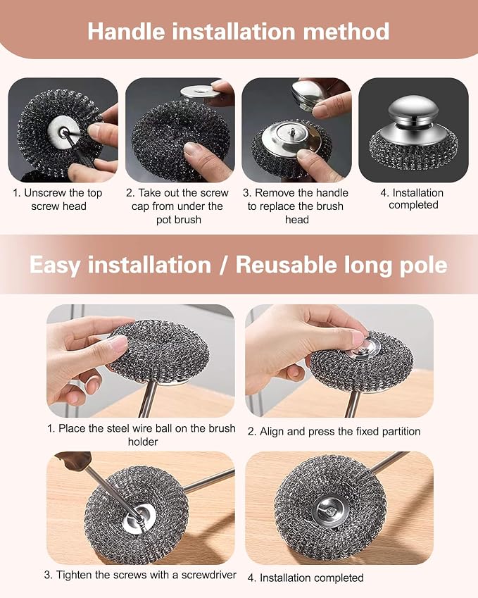6 Pack Stainless Steel Wool Scrubber Set- Heavy Duty Metal Sponge Scouring Pad for Cast Iron Skillet, Grill & Pots -Include Short & Long Handle & Brush & 3 Pads,Kitchen Dish Scrubber