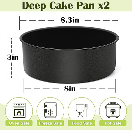 E-far 8 x 3 Inch Cake Pan Set of 2, Nonstick Stainless Steel Round Cake Pans Tin for Baking Birthday Wedding Layer Cakes, Stainless Steel Core & Non-toxic Coating, Deep & Straight Side