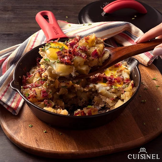 Cuisinel Cast Iron Skillets Set with Lids - 8"+10"+12"-inch Pre-Seasoned Covered Frying Pan Set + Silicone Handle and Lid Holders + Scraper/Cleaner - Use Cookware Indoor/Outdoor, Oven, Stovetop, Fire