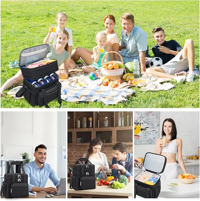 holuxer Insulated Lunch Bag & Lunch Box for Men - Double Deck Reusable Lunch Bag for Women Tote Cooler Bag Leakproof Soft Expandable - Extra Large Lunchbox for Work/Adult/Picnic/Outdoor (Black,22L)
