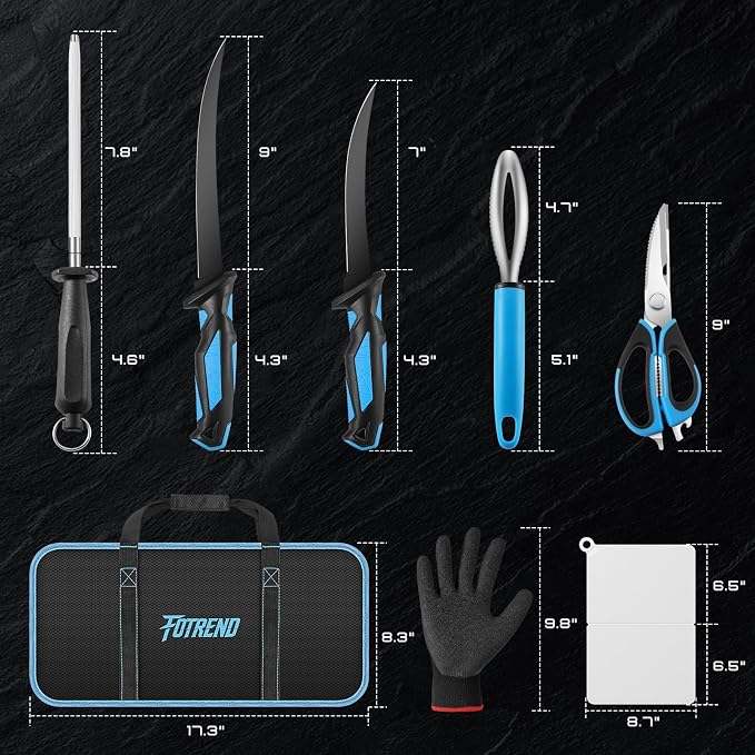 Fillet Knife Kit Combo,Fishing Gear and Gifts for Men | Fishing Knives with Sheath,and Honing Rod,Ultra-Sharp G4116 Blades,Corrosion-Resistant,Non-Slip Handle,Durable Storage Bag