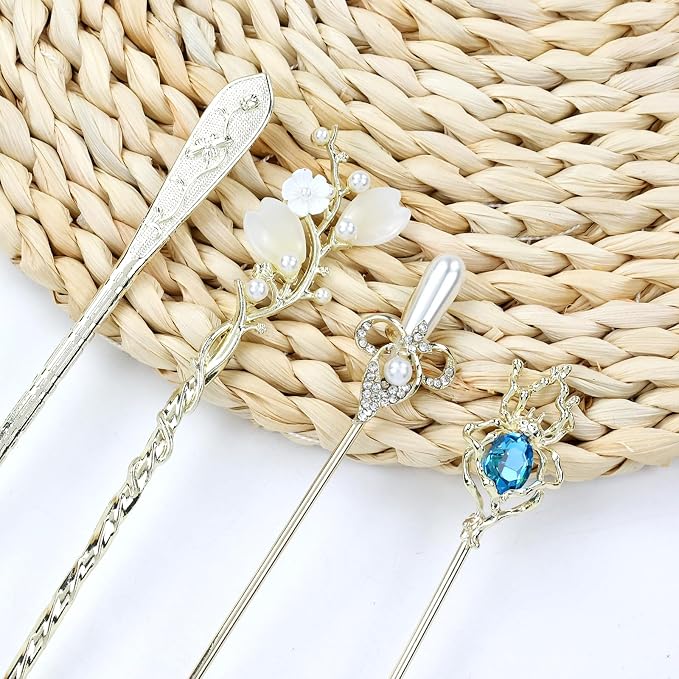 inSowni 8 Pieces Retro Vintage Asian Japanese Chinese Hanfu Rhinestone Gold Metal Flower Hair Sticks with Flower Pearl Crystal Fox Butterfly Hair Pins Forks Chopsticks Bun Updo Holders for Women Girls