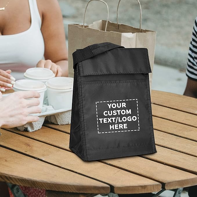 DISCOUNT PROMOS 100 Hook and Loop Insulated Lunch Bags Set - Customizable Text, Logo - Polyester, Durable, Vibrant, Reusable - Black