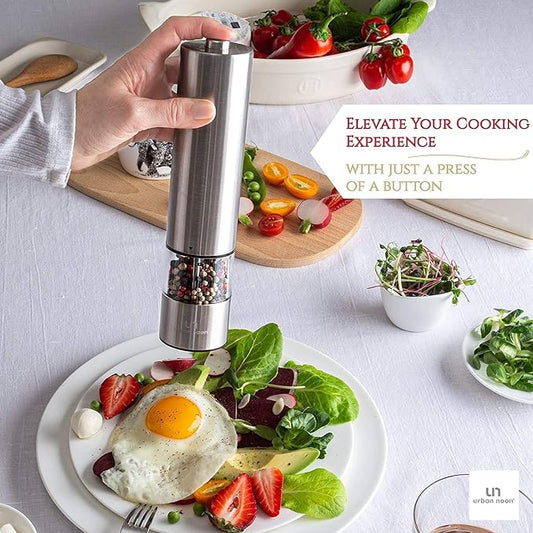Urban Noon Electric Salt and Pepper Grinder Set (2 Mills, 8.1" Tall) - One-Handed Push-Button Mills with LED Light, Adjustable Ceramic Coarseness, Gift-Ready Box, 1-Year Warranty - Stainless Steel