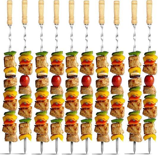 Antallcky 12 Pack Kebab Skewers 23.5 Inch BBQ Barbecue Skewers Stainless Steel Sticks Heavy Duty Large Wide Reusable with Nonslip Wooden Handle Ideal for Shish Kabob Chicken Shrimp and Vegetables