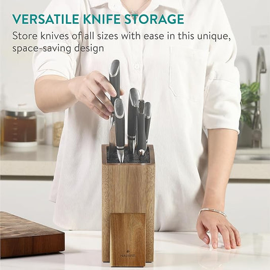 Navaris Wooden Kitchen Knife Block with Holder - Holds a Chopping Board, Phone or Tablet - Acacia Angled Design, 12.5 x 18.7 x 26.2 cm (4.9" x 7.4" x 10.3")