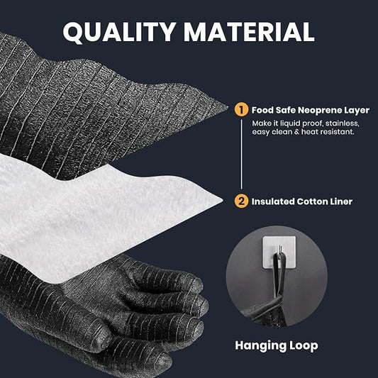 GEEKHOM 14-Inch Heat Resistant Gloves 932°F for BBQ Grilling, Waterproof Long Sleeve Anti-Slip Cooking Gloves – Textured Grip Protection