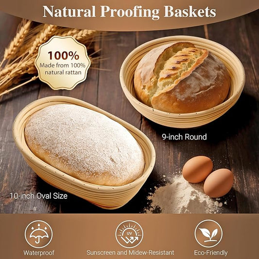 Sourdough Bread Proofing Basket Kit, 9" Round and 10" Oval Banneton Basket with Liners & Covers, Bread Baking Supplies with Bread Lame, Dough Whisk, Brush, Bowl Scraper