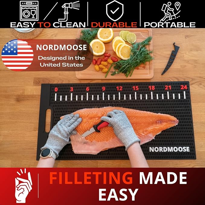 Fish Fillet Mat with Storage Bag and Fish Ruler Decal. Large 28""x14"" Nonslip Fish Cleaning Mat that Grips the Fish - Durable & Easy to Clean, Portable Fish Cutting Board, Black