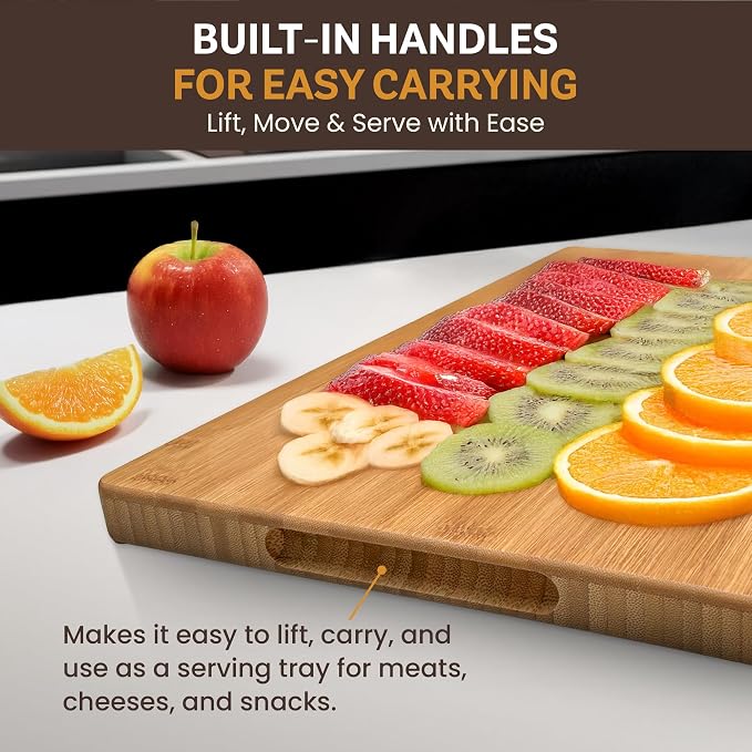 Wood Cutting Board for Kitchen - 1 Inch Thick Bamboo Wooden Chopping Board, Butcher Block Cutting Board with Juice Groove, Handles, Large Meat Cutting Board, Charcuterie Serving Board, 16 x 11