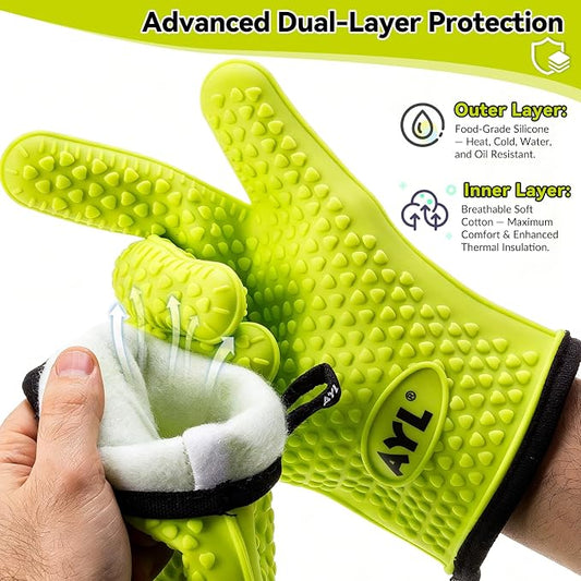 AYL Silicone Smoker Oven Gloves - Extreme Heat Resistant BBQ Gloves - Handle Hot Food on Your Grill, Pit & Turkey Fryer | Waterproof Meat Handling Mitts with Cotton Layer | Ultimate Set + Bonuses