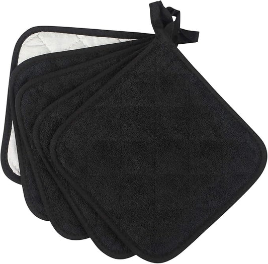 Pot Holders for Kitchen, 100% Cotton Terry Pot Holder Set of 5, Heat Resistant Hot Pads for Cooking, Baking, Hot Dishes and Countertop Protection,Black