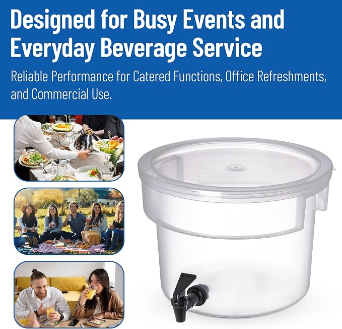 Carlisle FoodService Products Round Beverage Dispenser Drink Dispenser with Spigot for Catering, Plastic, 3 Gallons, Clear