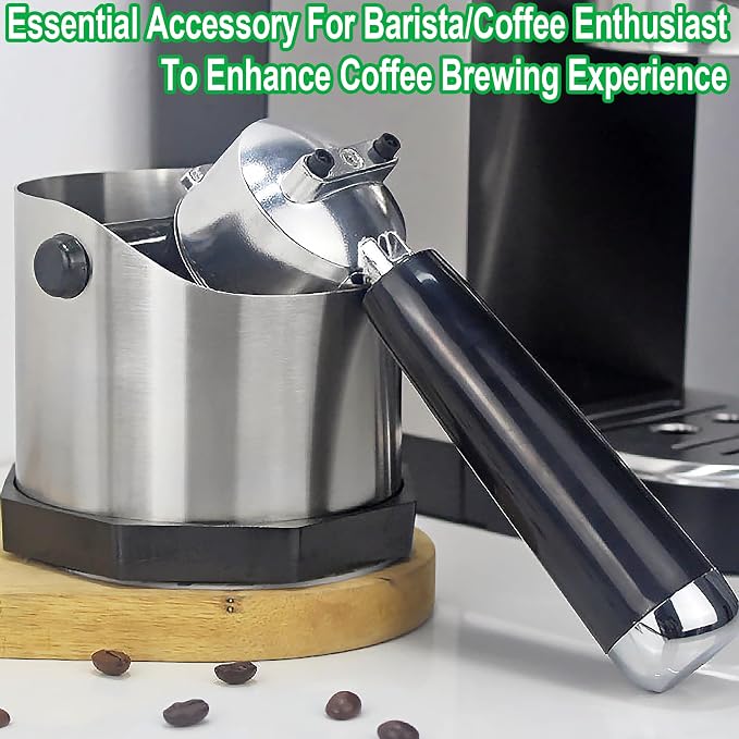 Stainless Steel Espresso Knock Box, Easy & Mess-Free Disposal of Coffee & Espresso Grounds, Coffee Knock Box with Removable Knock Bar & Non-Slip Base, Dishwasher Safe Espresso Puck Knock Box for Home