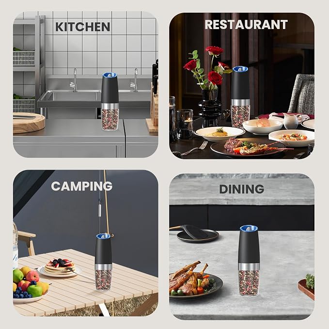 Battery Operated Salt And Pepper Grinder with LED Light, Automatic Electric Gravity Salt And Pepper Shakers, Each 6 AAA Batteries Needed, Adjustable Roughness, 1 Pack (Black)