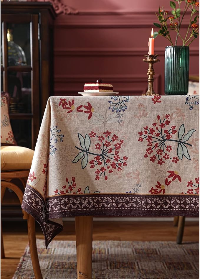 patdrea Designer Linen Small Rectangular Table Cloth,French Vintage Red Floral Tablecloth,Breathable Dacorative Cover for Kitchen Dining,Tea Party,Christmas,Thanksgiving,Holiday,55"x71"-Newmari