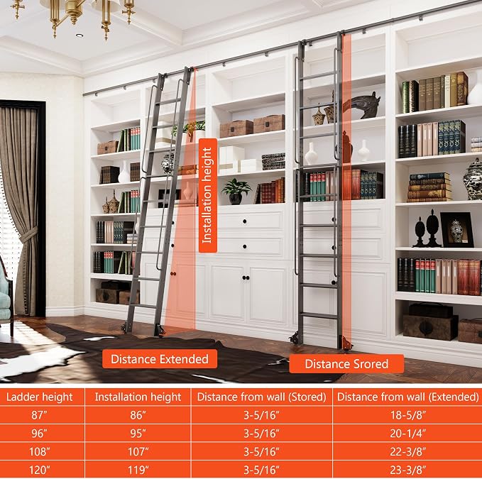 DIYHD 96" Rolling Library Ladder with Handrail, 4FT Sliding Rail, Black | 8-Step lightweight ladder with space-saving upright storage, Telescopic top hooks, Locking bottom rollers, 300lbs capacity