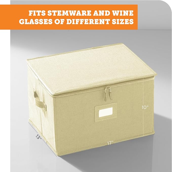 storageLAB Wine Glass Storage Case | Hard Shell Felt Dividers | Cream | Hard shell case holds 12 wine glasses in 4x4 felt compartments. Stackable, top-load, label tag. Cream linen finish.