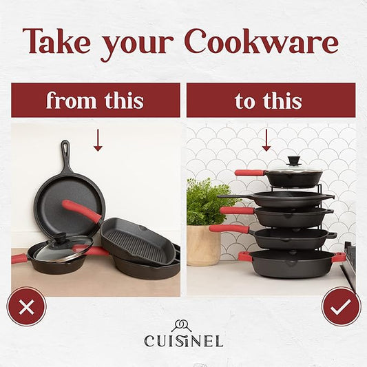 Cuisinel Pan Organizer for Cast Iron, Silicone-Coated 12" Skillet Rack