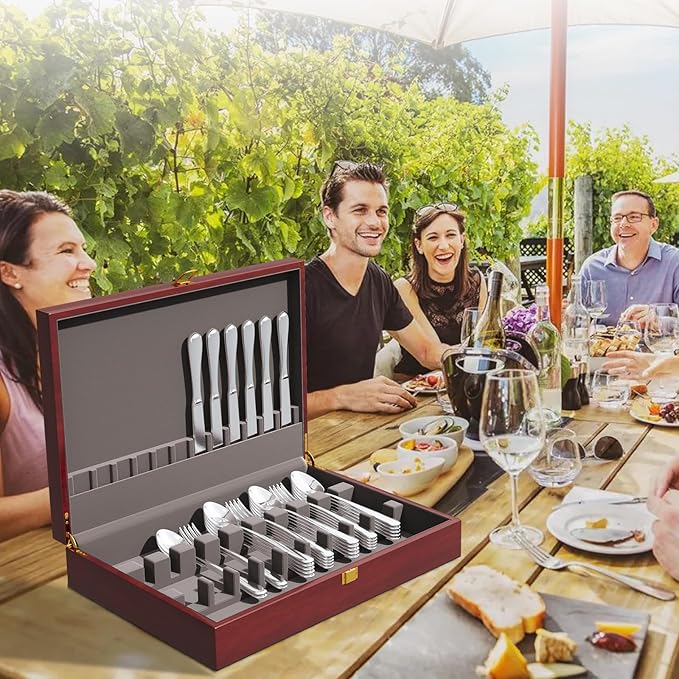 Mahogany Wood Silverware Storage Box,Silverware Case Flatware Chest with Felt Lined,Flatware Storage Box for 12 sets of Utensils,Silverware Chest without Silverware,Silverware Organizer with Lid