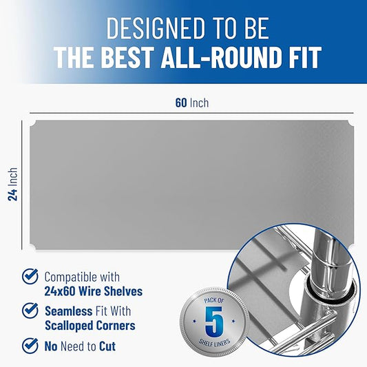Shelf Liners for Wire Shelf System: Set of 5 in Graphite: 24 x 60 inch: Plastic Wire Shelving Shelf Mats