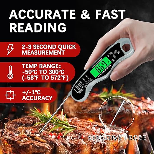 Meat Thermometer Digital,IP67 Waterproof Cooking Thermometer with Backlight, Calibration & Hold Function,Food Thermometer for Cooking,Outdoor Grilling,Suitable as Stocking Stuffers for Men