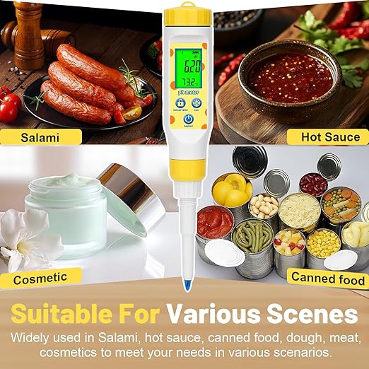 Digital pH Meter for Food Fermentation and Canning, Smart Food pH Tester with High Accuracy Spear Probe for Sourdough, Salsa and Hot Sauces, pH Test Pen with ATC for Solid and Liquid