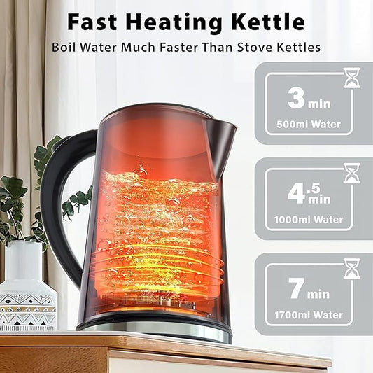 1.7L Electric Kettle, Stainless Steel Interior, 1500 Watt, Fast Boiling Water Boiler, LED Display, Temperature Control, Keep Warm, Auto Shut-Off, Boil-Dry Protection, Double Wall Cool Touch, Cordless